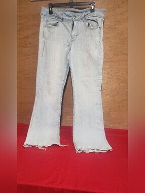 American Eagle Womens Lightwash Flare AEO Denim Cafe Frayed Hem Jeans 14